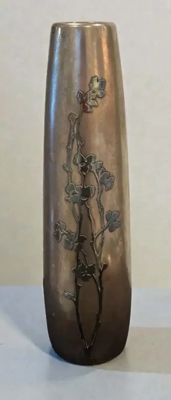 Antique Heintz Arts and Crafts Sterling Silver on Bronze Floral Overlay Vase